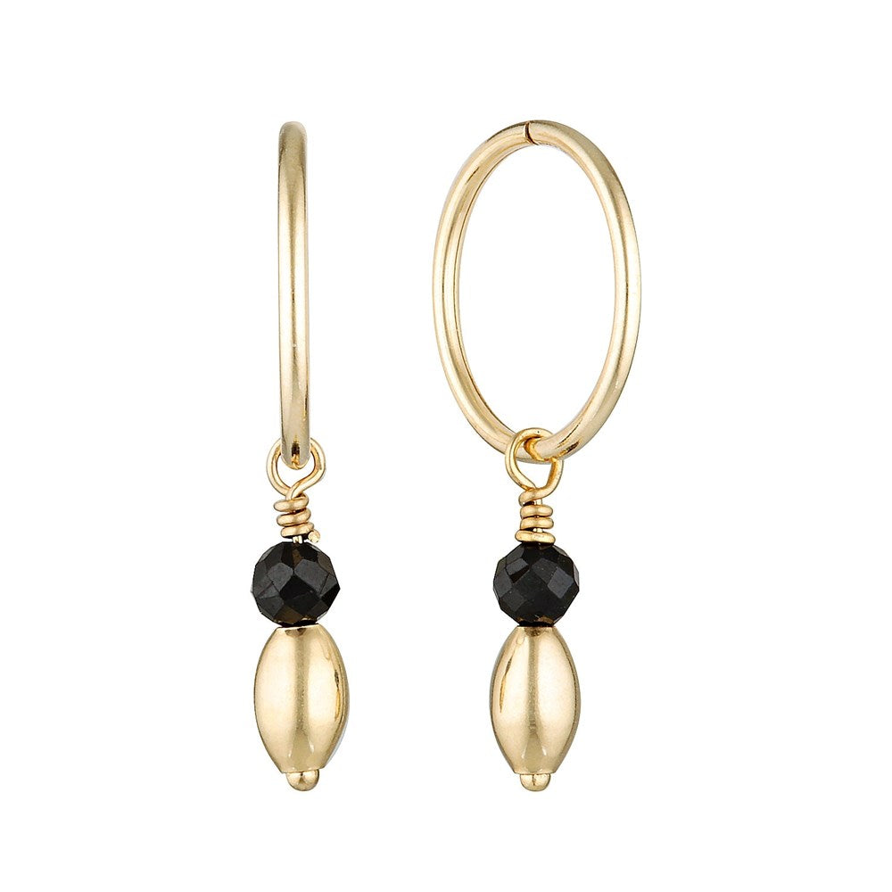 Gold Bead Drop and Black Spinel Fine Hoop Earrings