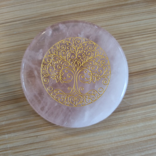 Rose Quartz Disk With Tree Of Life