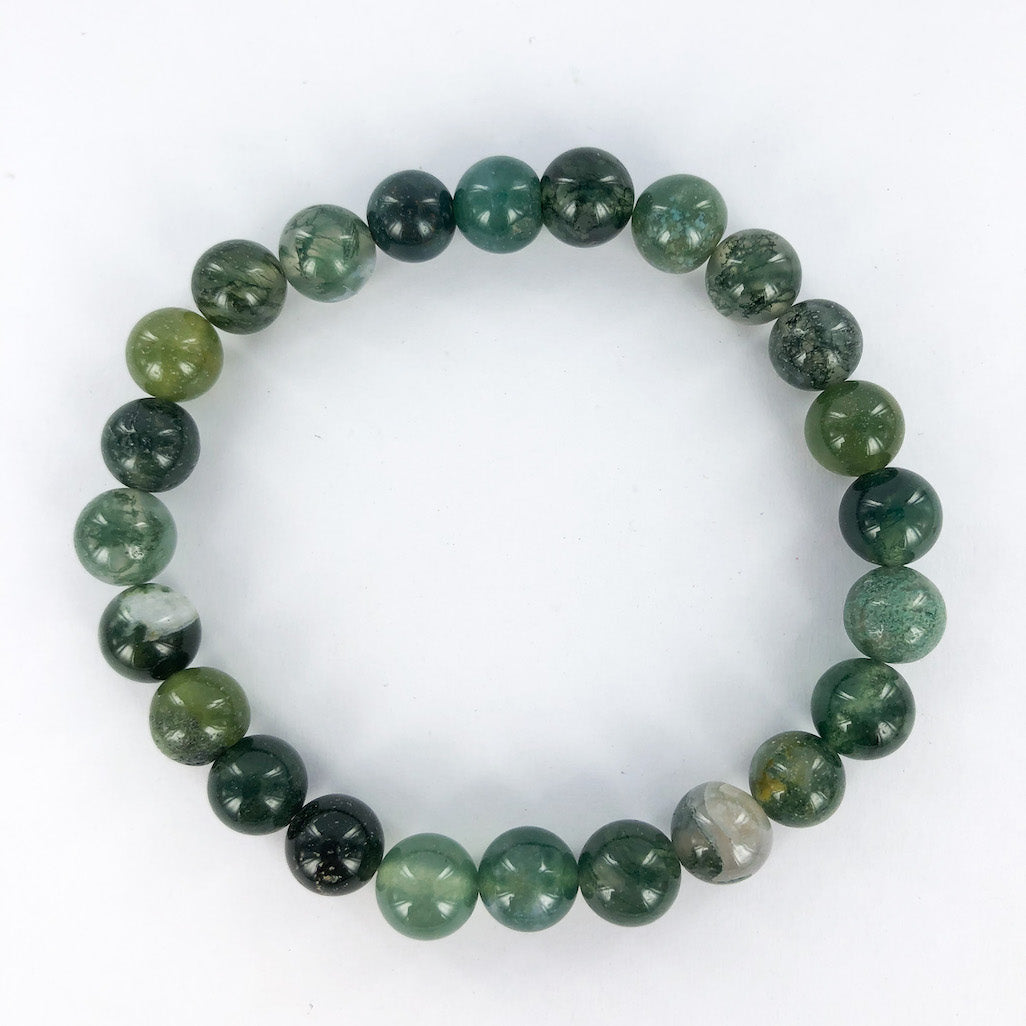 Moss Agate Round Bead Bracelet