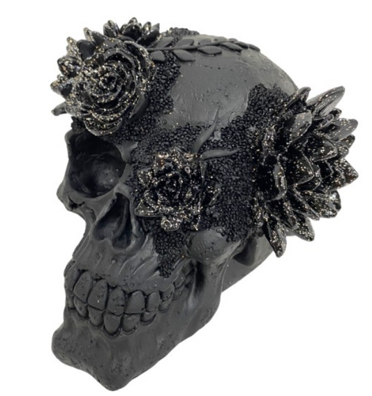 Black Skull with Gold Glitter Flower