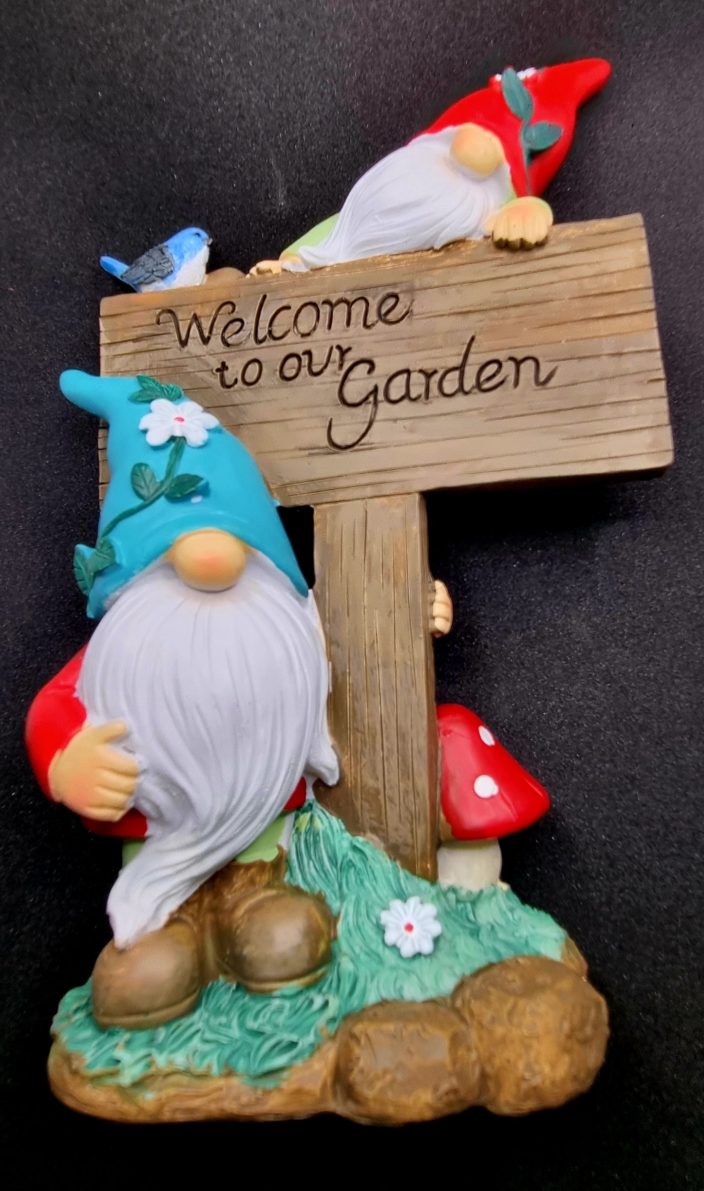 Floral Garden Gnome with Welcome Sign