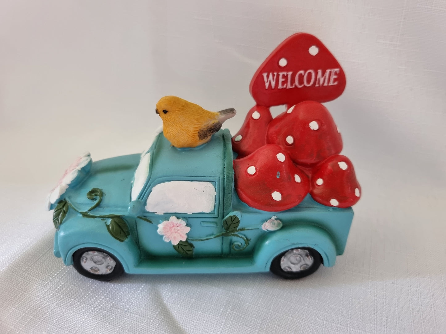 Floral Blue Truck with Mushroom Welcome Sign