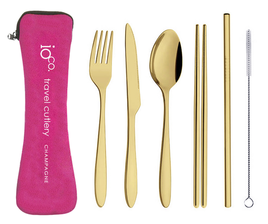 IOco re-use Stainless Steel Travel Cutlery Set of 6- Champagne Gold Cutlery | Hot Pink Case