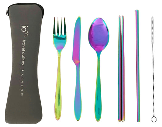 IOco re-use Stainless Steel Travel Cutlery Set of 6- Rainbow Cutlery | Grey Case