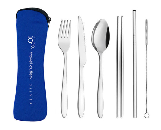 IOco re-use Stainless Steel Travel Cutlery Set of 6- Silver Cutlery | Navy Case